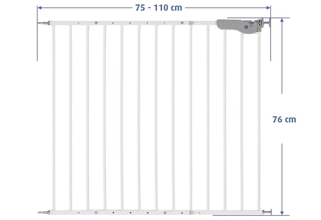 Weißes Metallgitter mit grauen Elementen. Maße: 75-110 cm breit, 76 cm hoch.  Geeignet für Türen und Treppen.