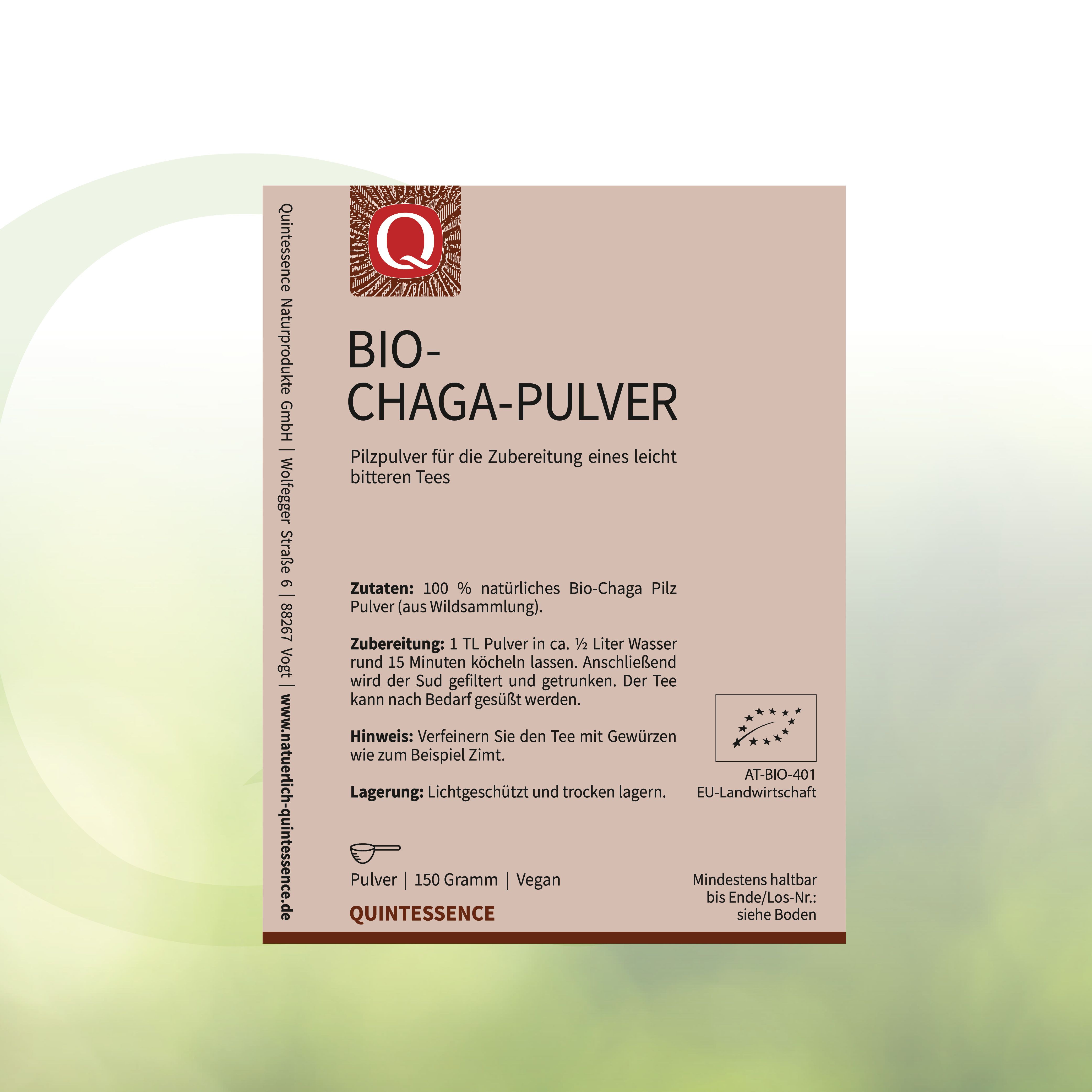 Etikett mit Text: Bio-Chaga-Pulver, Quintessence, EU-Bio-Logo. Zutaten, Zubereitung, Hinweise, Lagerung. Weißer Hintergrund.
