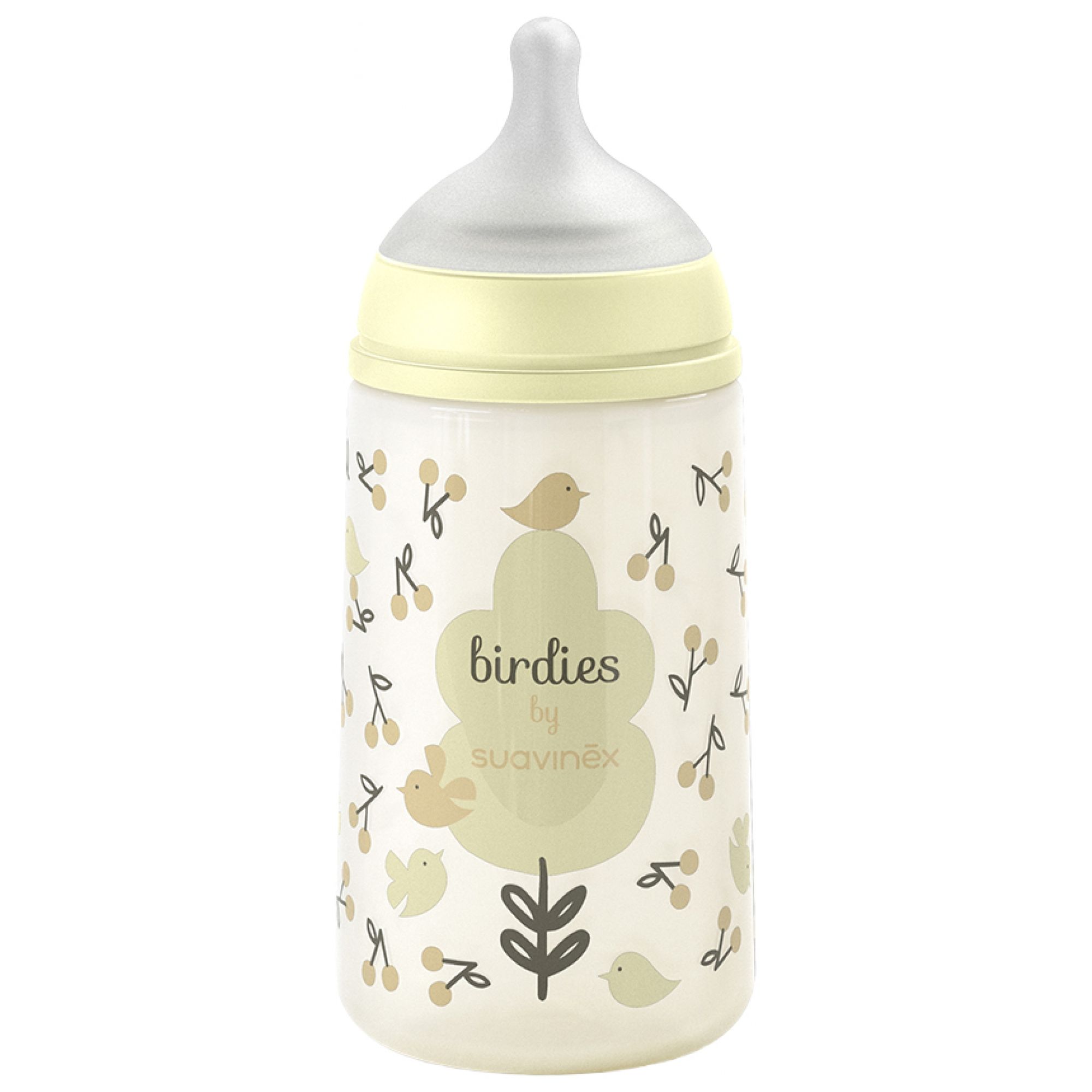 Suavinex Birdies Babyflasche Symmetrischer Sauger Mittlerer Durchfluss 3 Monate und Mehr ( Gelb) 7,1x7,1x17,8 cm