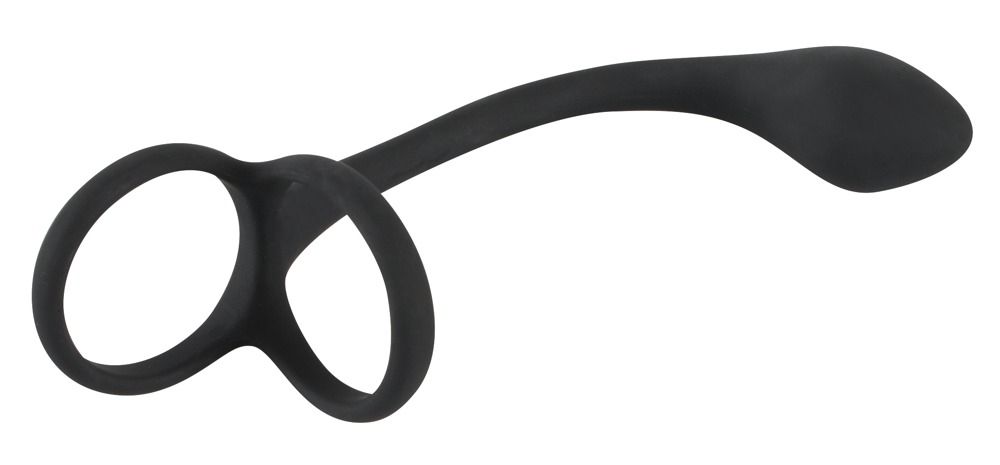 Schwarzer Penis-/Hodenring mit Analplug. Ringförmiger Teil und länglicher Schaft mit abgerundetem Ende.