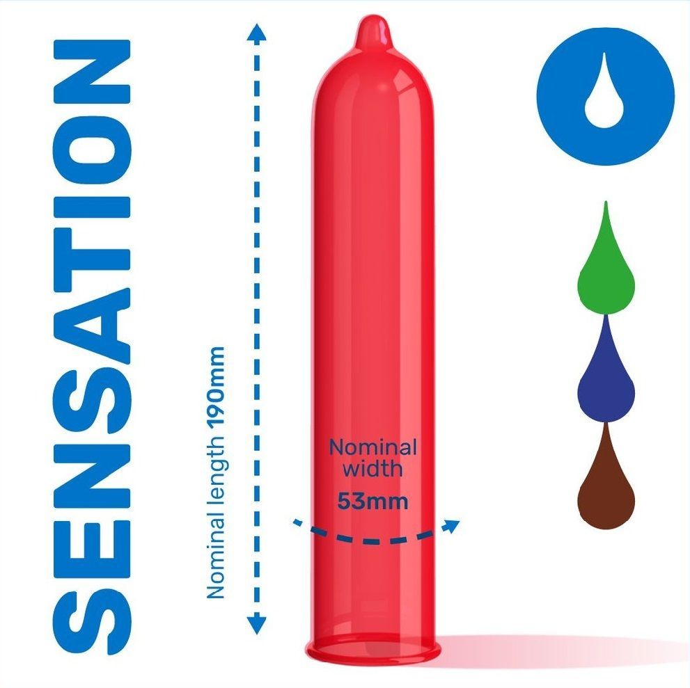 Roter Kondom mit 190mm Länge und 53mm Breite. Text: SENSATION.