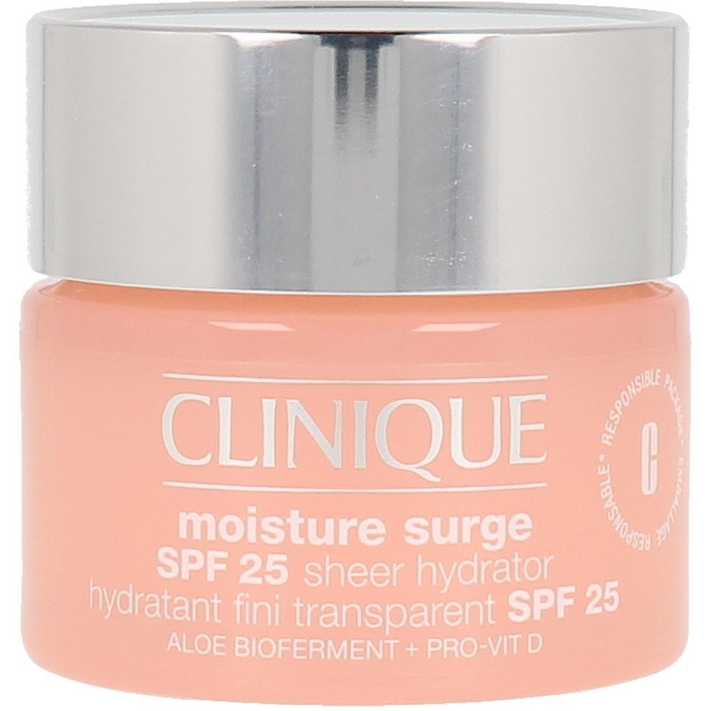 Runder Tiegel mit silbernem Deckel. Aufschrift: CLINIQUE, moisture surge SPF 25. Rosa Creme im Inneren.