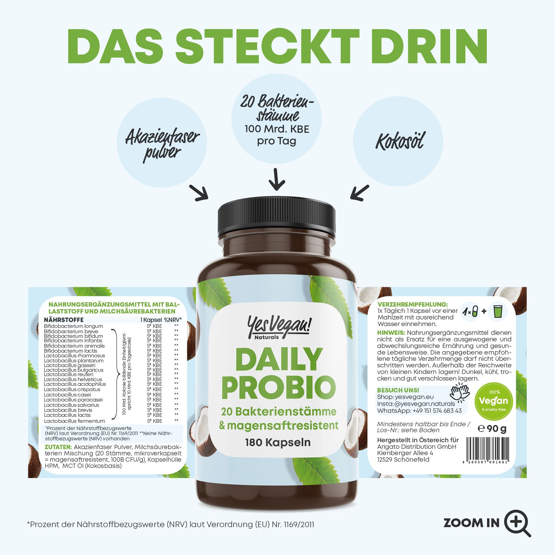 Yes Vegan® Daily Probio – 20 Bakterienstämme, 100 Mrd. KBE, vegan & magensaftresistent – 180 Kapseln