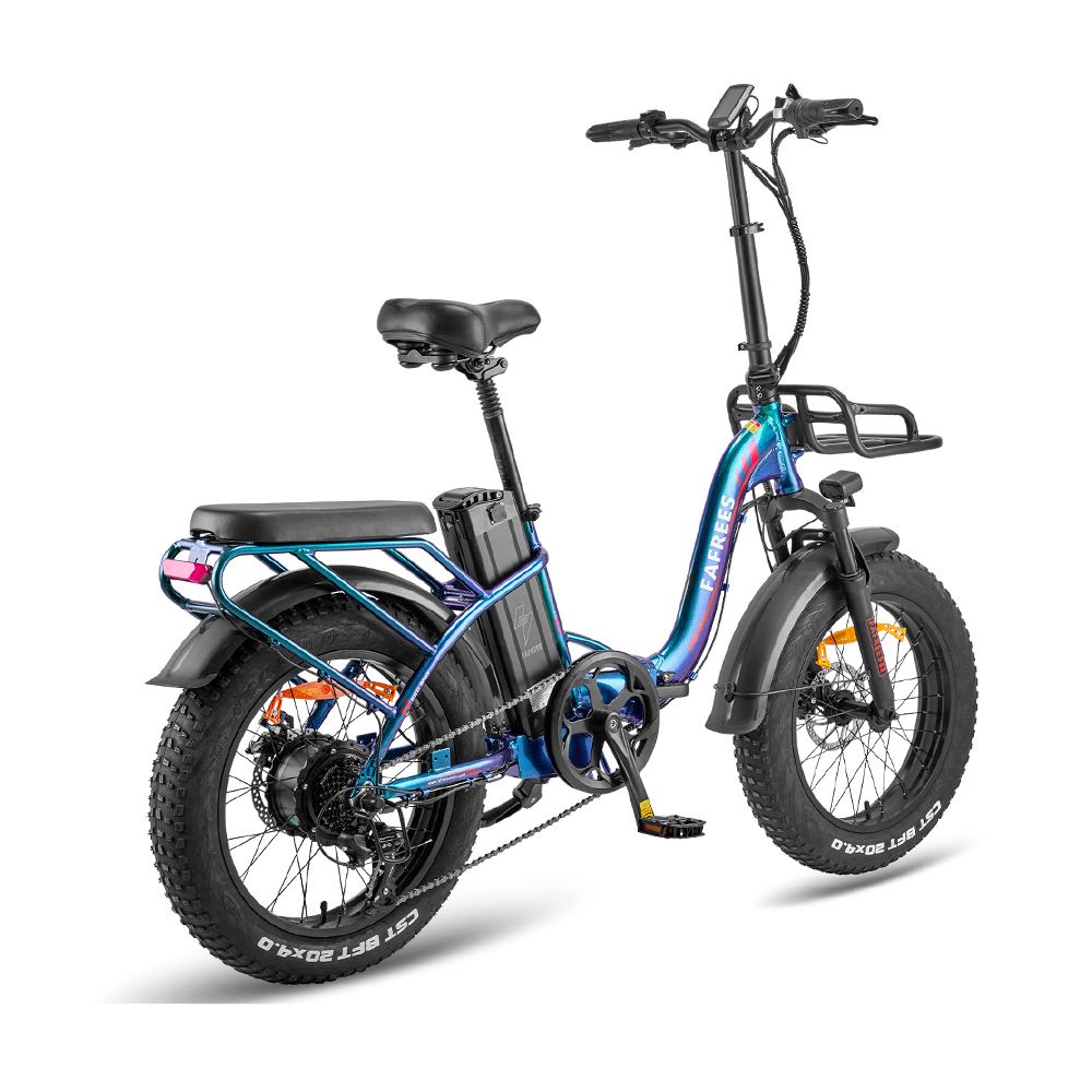 E-Bike Fafrees, blau-grün, mit breiten Reifen. Gepäckträger, Korb, Schutzbleche. Akku am Rahmen. Ansicht von hinten.