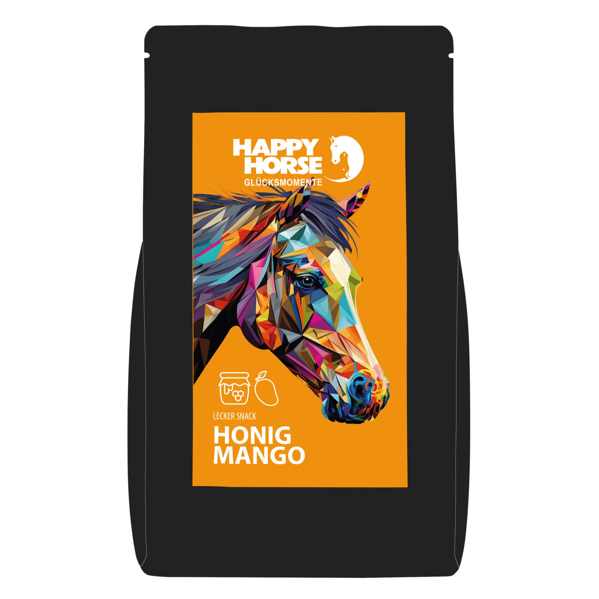 Schwarze Verpackung mit orangefarbenem Etikett. Darauf: Produktname, ein buntes Pferdeporträt und Honig Mango.