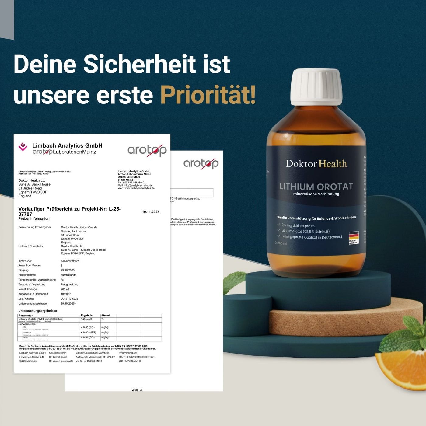 Flasche Doktor Health Lithium Orotat neben Laborberichten. Text: Deine Sicherheit ist unsere erste Priorität. Zertifizierungen.