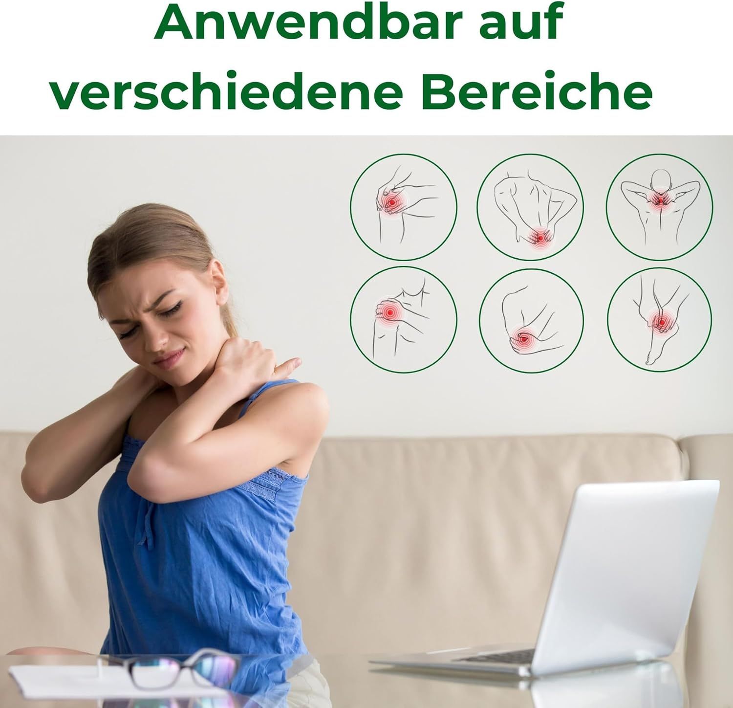 Frau mit Schmerzen im Nacken. Piktogramme: Gelenke, Rücken, Nacken. Laptop und Brille auf dem Tisch.