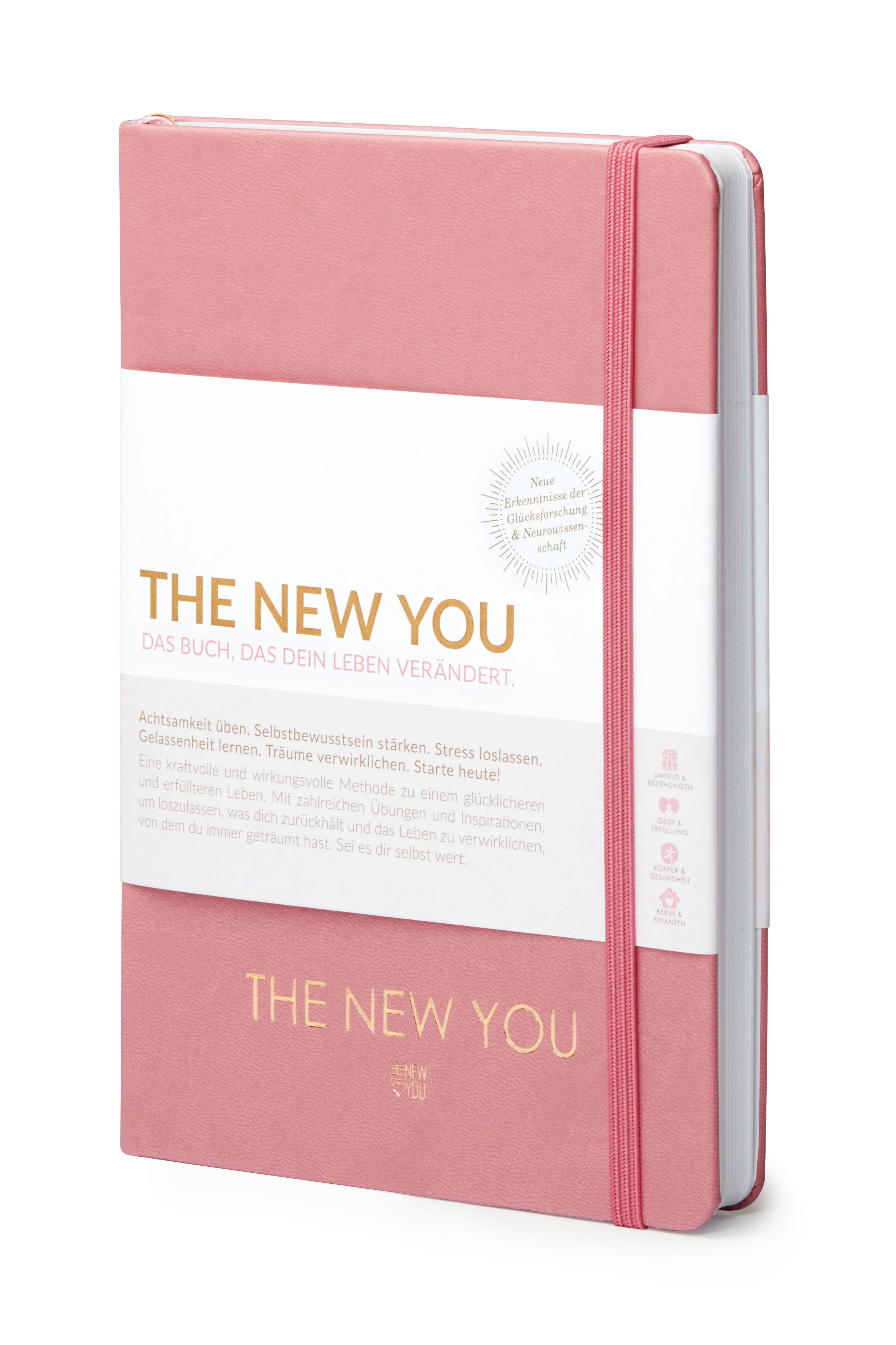 Rosa Buch mit Gummiband. Titel: THE NEW YOU. Aufkleber mit Text und Logo. Buchrücken sichtbar.