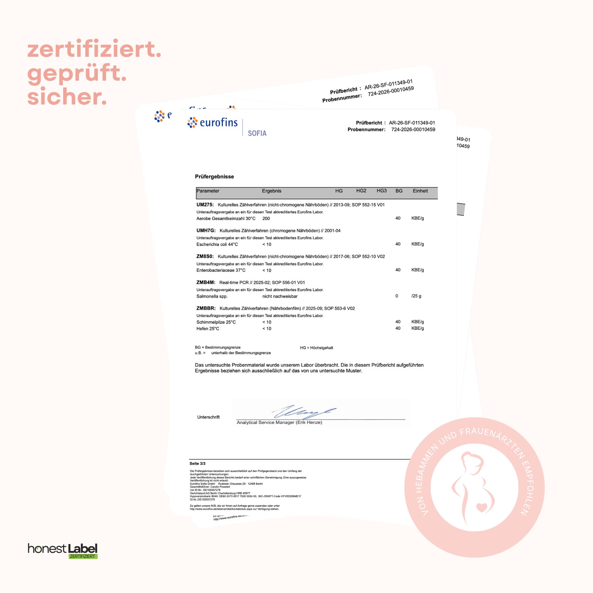 Zertifikate von Eurofins und "honest label". Siegel "Für Hebammen und Frauenärzte empfohlen".