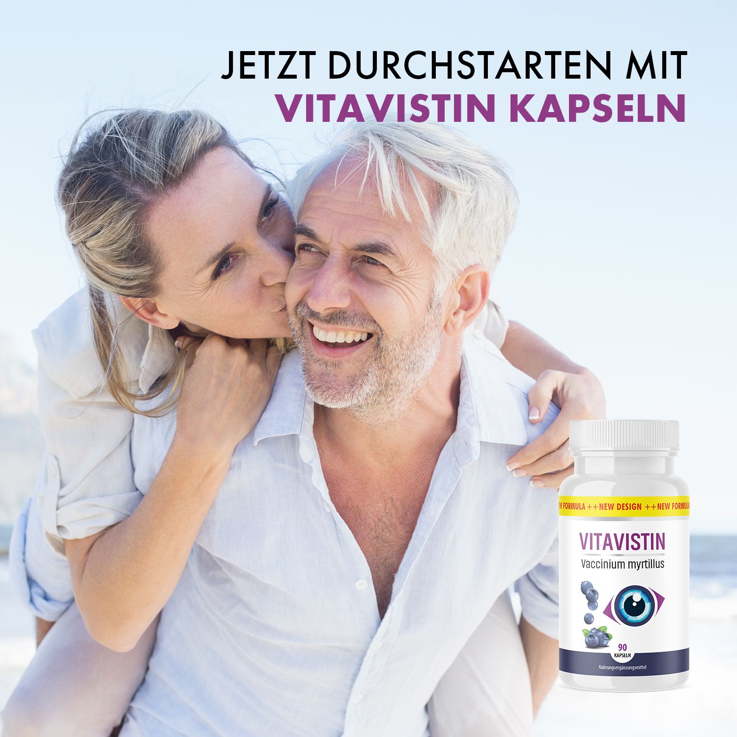 Ein Mann und eine Frau umarmen sich. Im Hintergrund ein Fläschchen Vitavistin Kapseln. Aufschrift: Vitavistin Kapseln.
