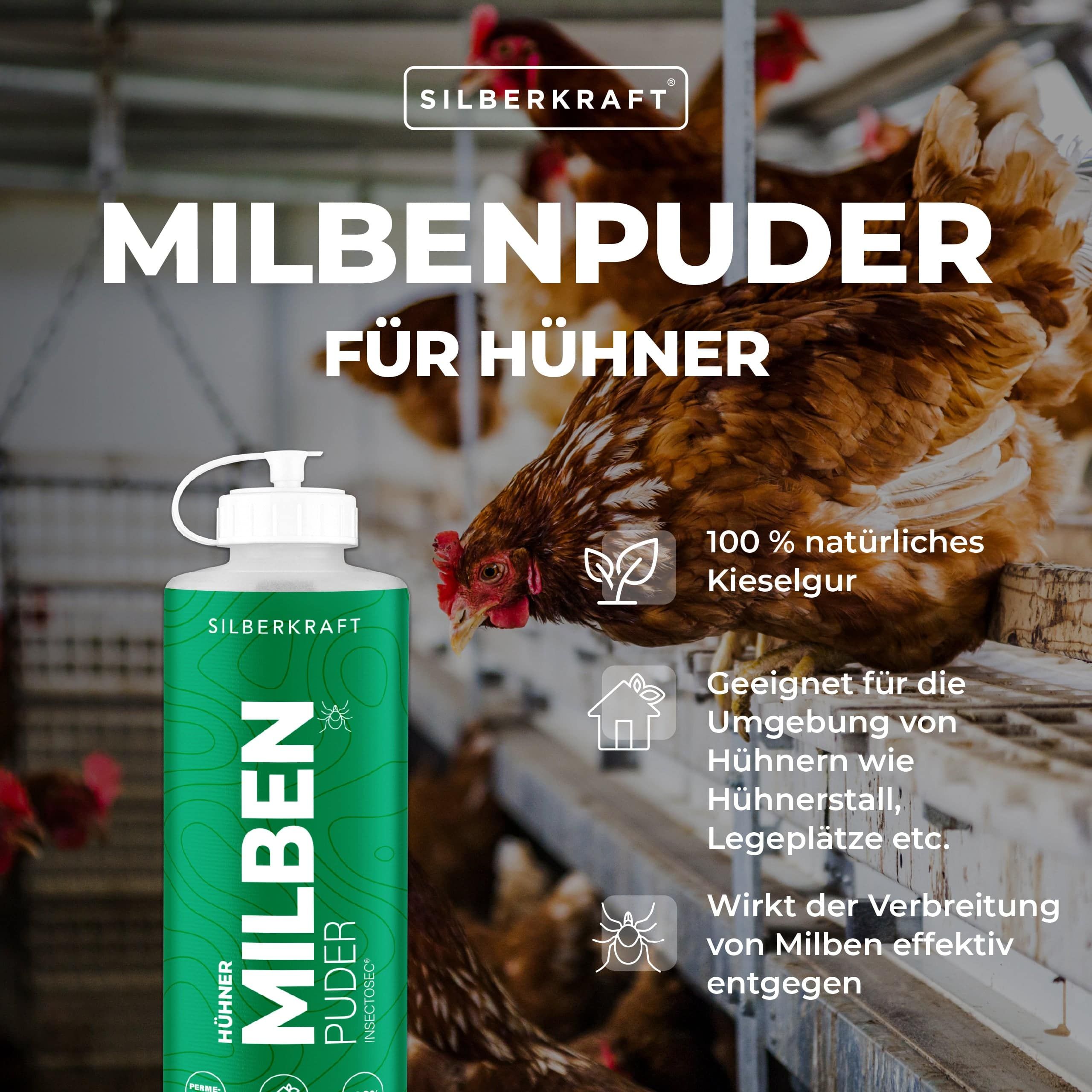 Grüne Flasche mit weißem Deckel. Aufschrift: MILBEN PUDER FÜR HÜHNER. Marke: SILBERKRAFT. Hühner im Hintergrund.