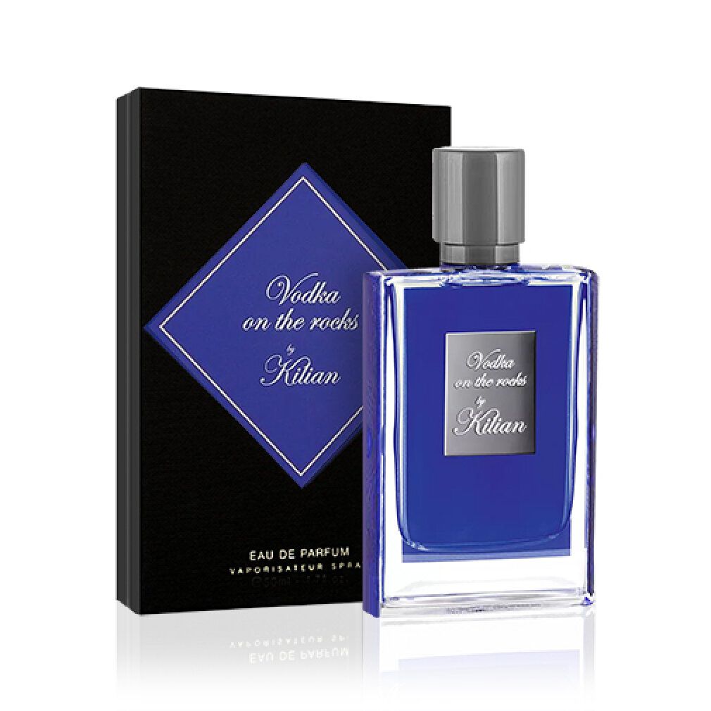 Flakon mit blauem Inhalt und schwarzer Verpackung. Aufschrift: Vodka on the rocks by Kilian. Eau de Parfum.