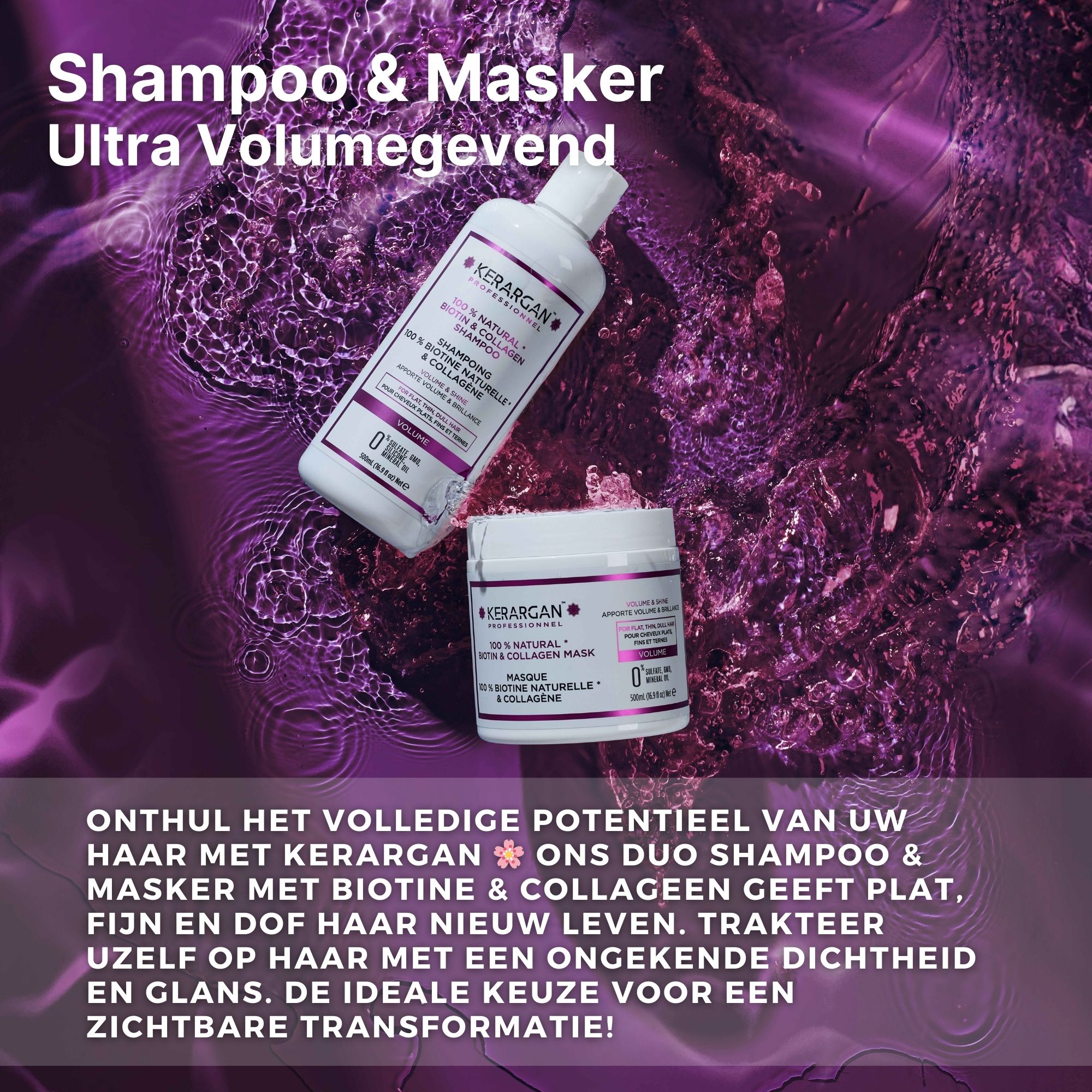 Kerargan Duo Volume Shampoo & Masker. Flessen en pot op paarse achtergrond. Tekst.