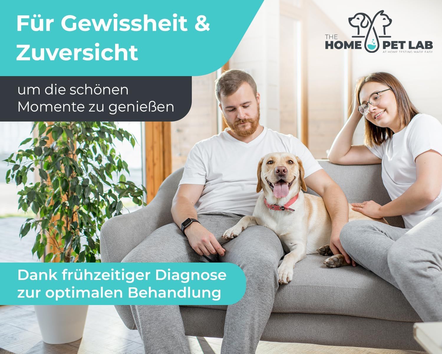 Paar mit Hund auf Sofa. Text: Für Gewissheit & Zuversicht. Dank frühzeitiger Diagnose zur optimalen Behandlung.