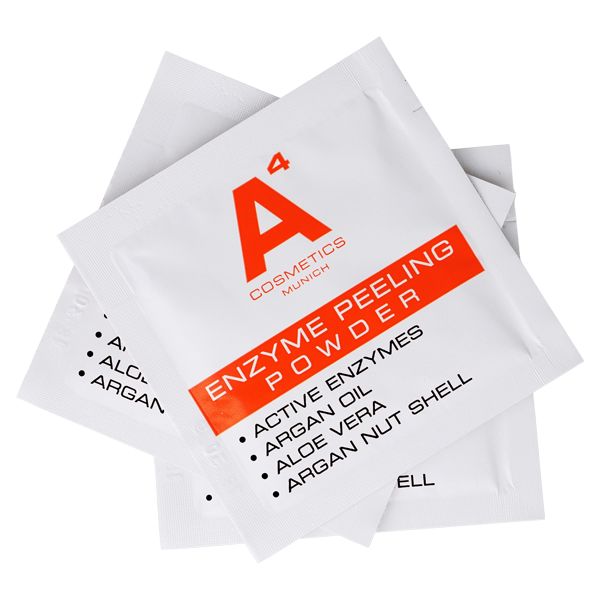 Mehrere A4 Cosmetics Enzyme Peeling Powder Beutel. Weiß mit orangefarbenem Text. Produktname und Inhaltsstoffe.