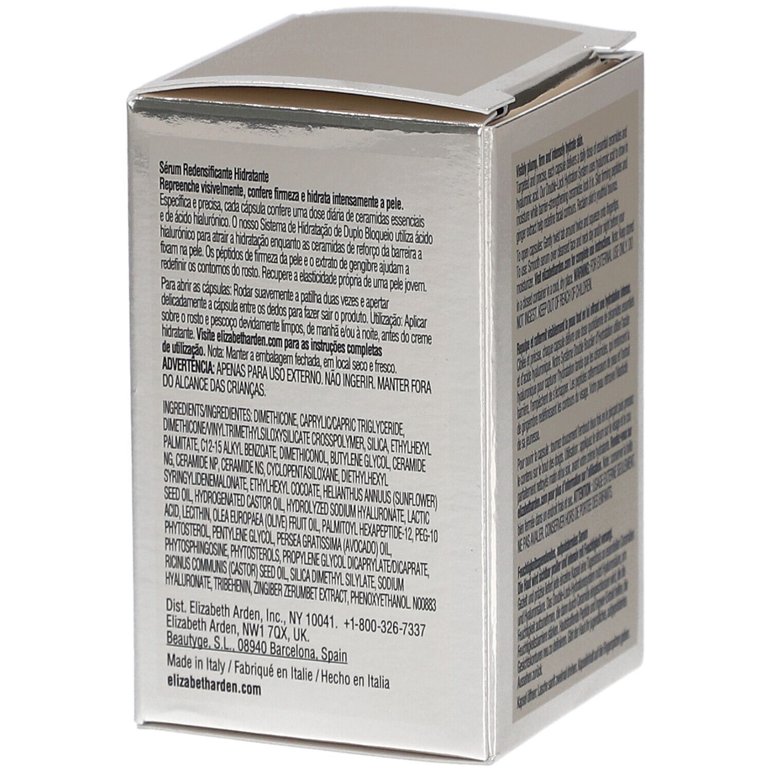 Silberfarbene Faltschachtel mit Text. Elizabeth Arden, Hyaluronsäure Ceramide Kapseln. 0.47 FL.OZ. 14 ml.