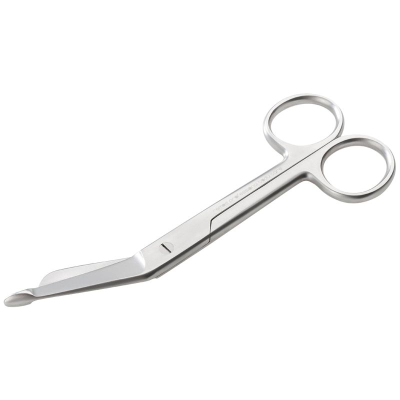 Edelstahl-Verbandschere mit abgewinkelter Klinge und stumpfer Spitze.