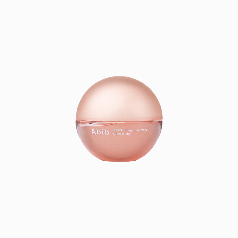 Ein rosa kugelförmiger Behälter mit Deckel. Auf dem Behälter steht Abib. Text: PDRN collagen lip mask glazed jelly.