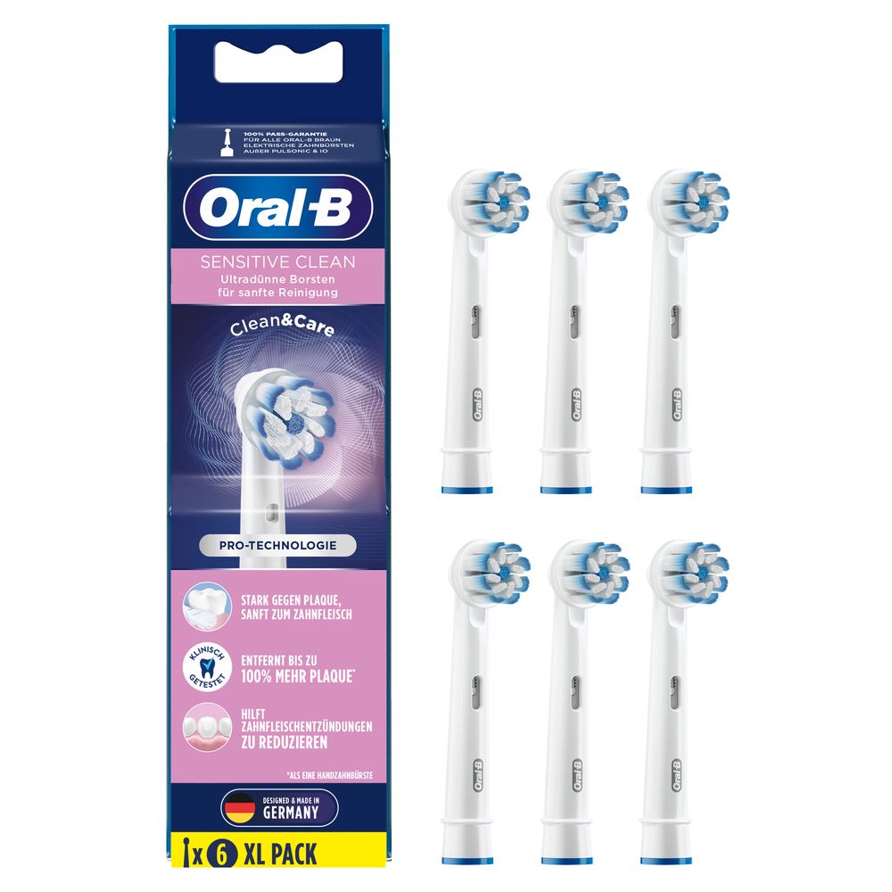 Packung mit sechs weißen Aufsteckbürsten. Marke Oral-B, Modell Sensitive Clean. Text: Clean & Care, Pro-Technologie. XL Pack.