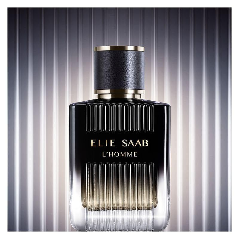 Schwarzer Flakon mit goldfarbenen Akzenten. Aufschrift: ELIE SAAB L'HOMME. Vertikale Linien auf dem Flakon.
