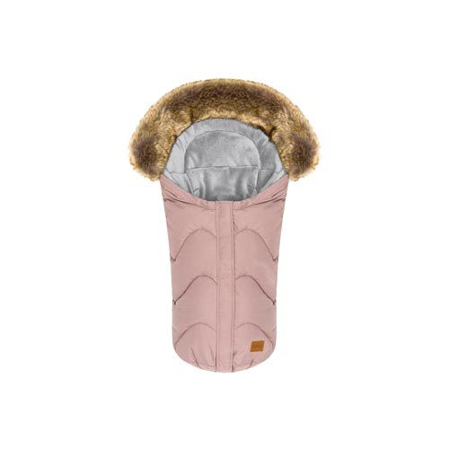 Winterfußsack mit Kapuze und Fellbesatz. Rosa Außenmaterial, graues Innenfutter. Reißverschluss mittig. Kleines Label unten.