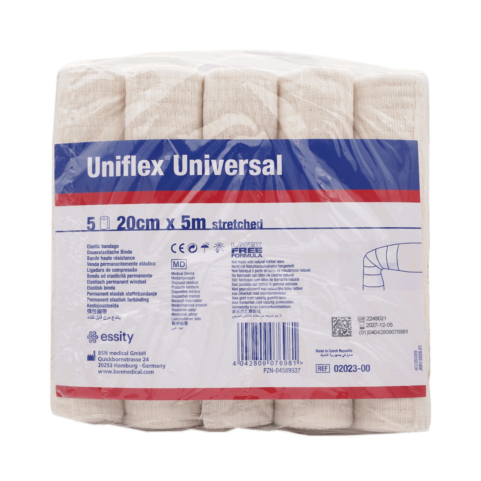 Uniflex Universal Zellglas Binden, 5 Stück, 20cm x 5m, in Folie verpackt. Produktinformationen und Barcode sichtbar.