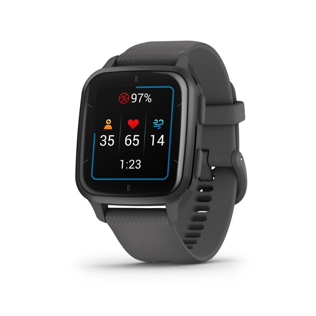 Graue Smartwatch mit quadratischem Display. Zeigt Gesundheitsdaten: Puls, Schritte, Akku. Schwarzes Gehäuse, graues Armband.