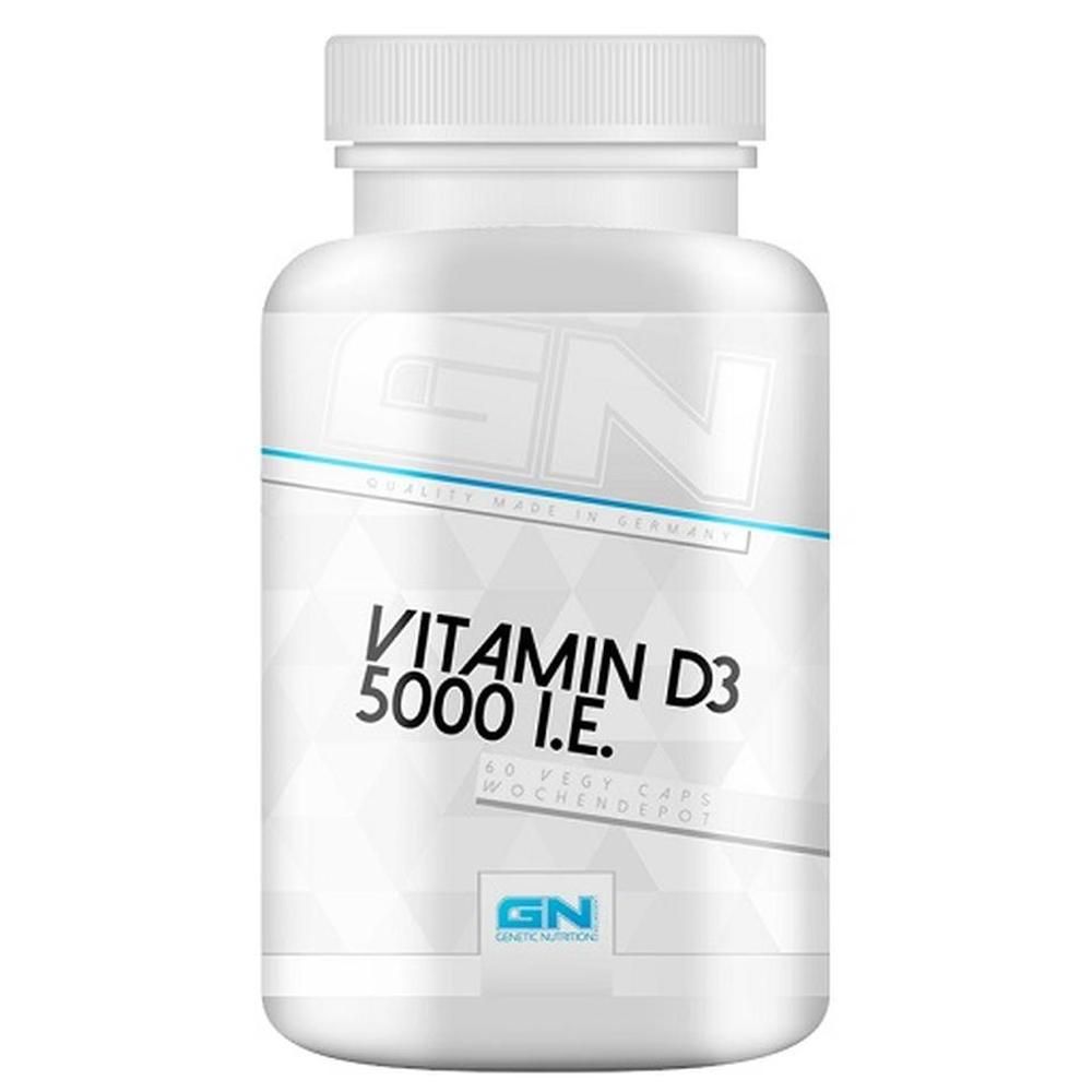 Weißes Flaschenkapsel-Supplement mit Schraubverschluss. Aufschrift: Vitamin D3 5000 I.E. und GN-Logo. Hergestellt in Deutschland.