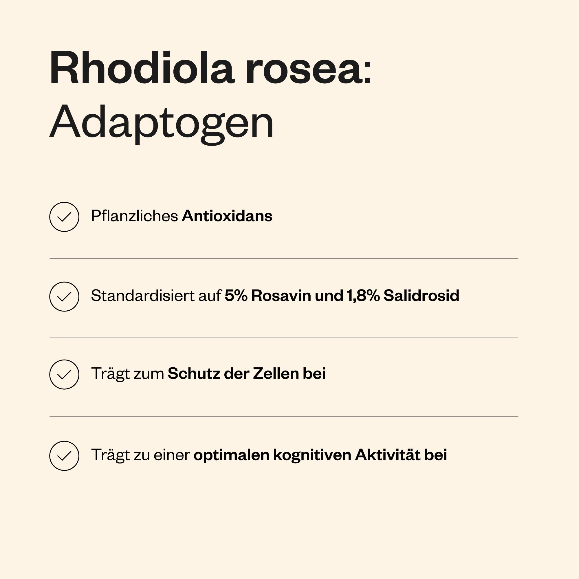 Liste der Vorteile von Rhodiola Rosea: Antioxidans, 5% Rosavin, 1,8% Salidrosid, Zellschutz, kognitive Aktivität.