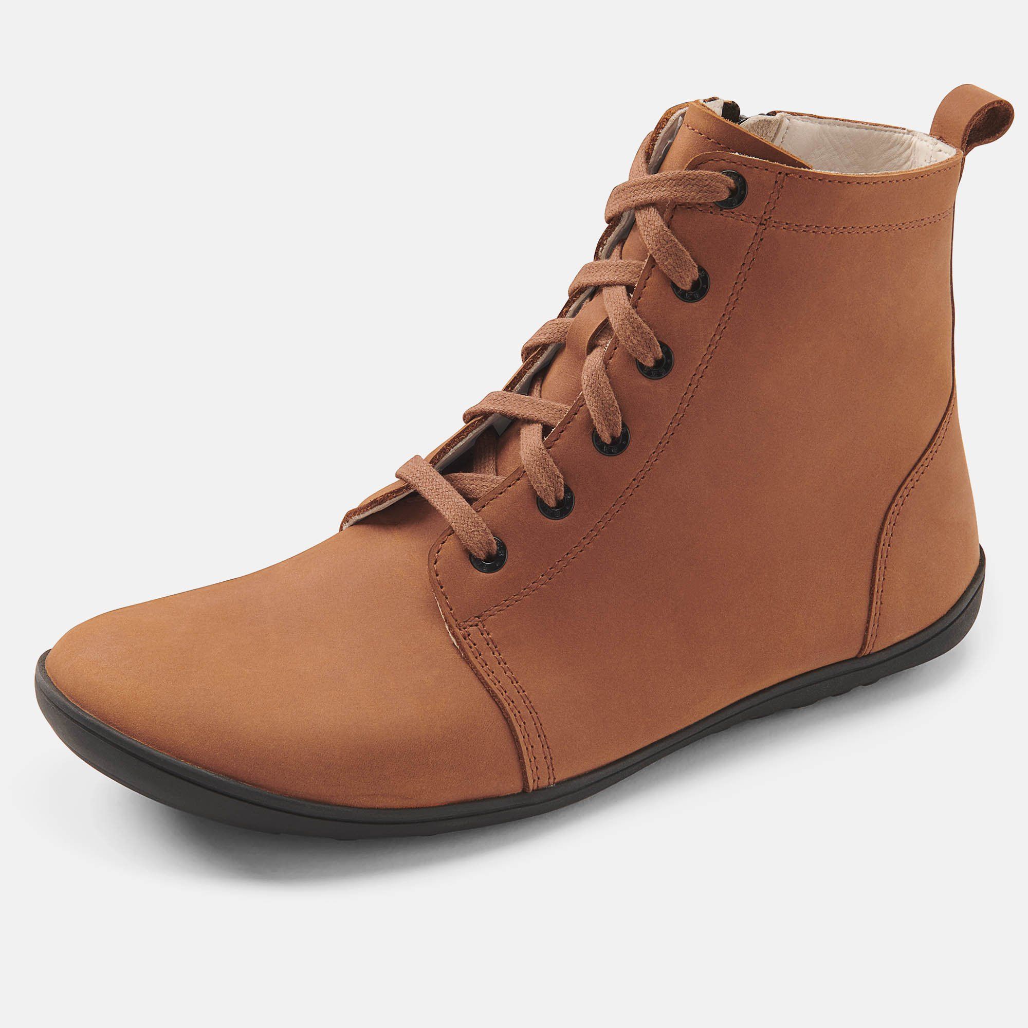 Braune Stiefelette mit Schnürung und Reißverschluss. Schwarze Sohle, helles Innenfutter.