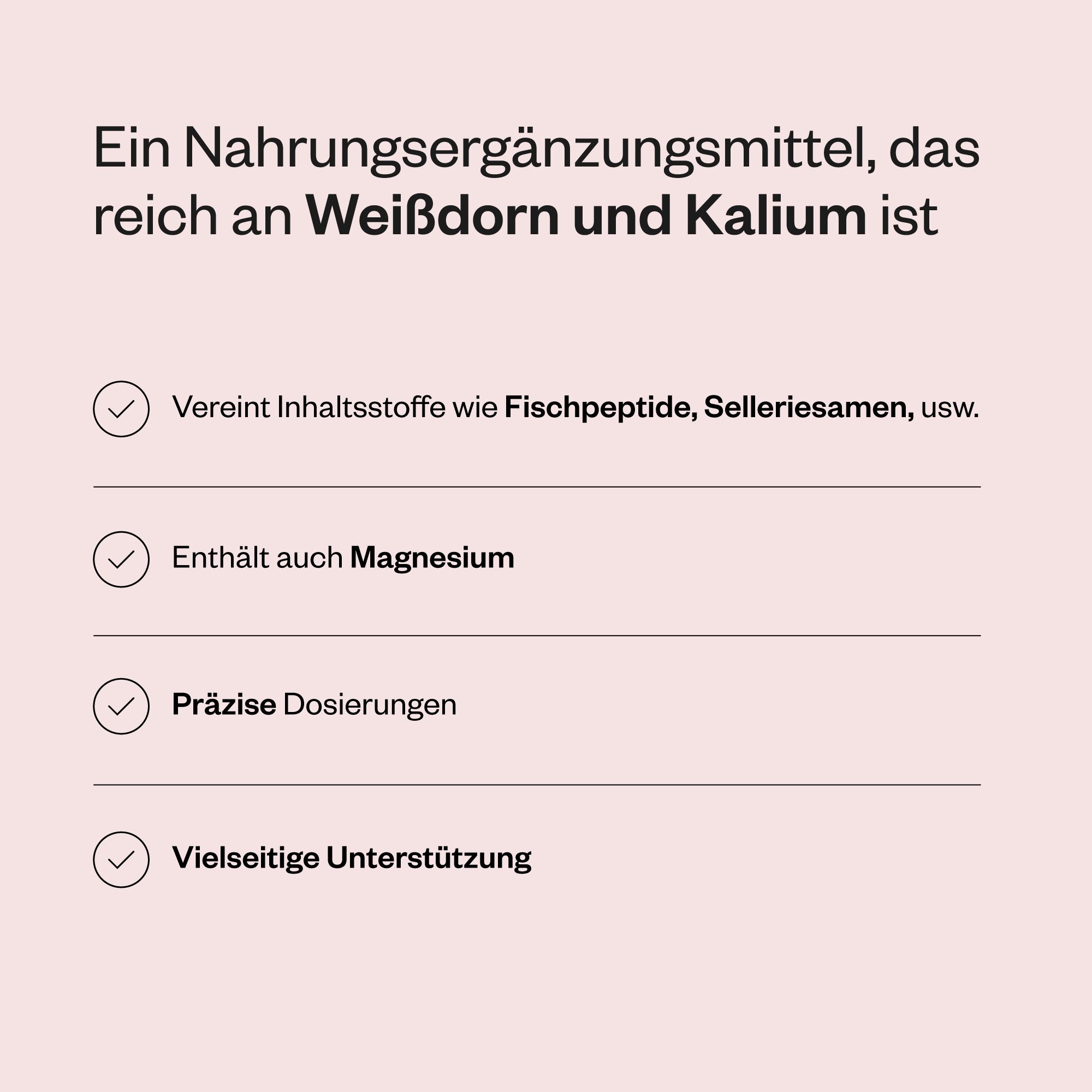 Text mit Aufzählungspunkten: Enthält Inhaltsstoffe wie Fischpeptide, Magnesium, präzise Dosierungen, vielseitige Unterstützung.