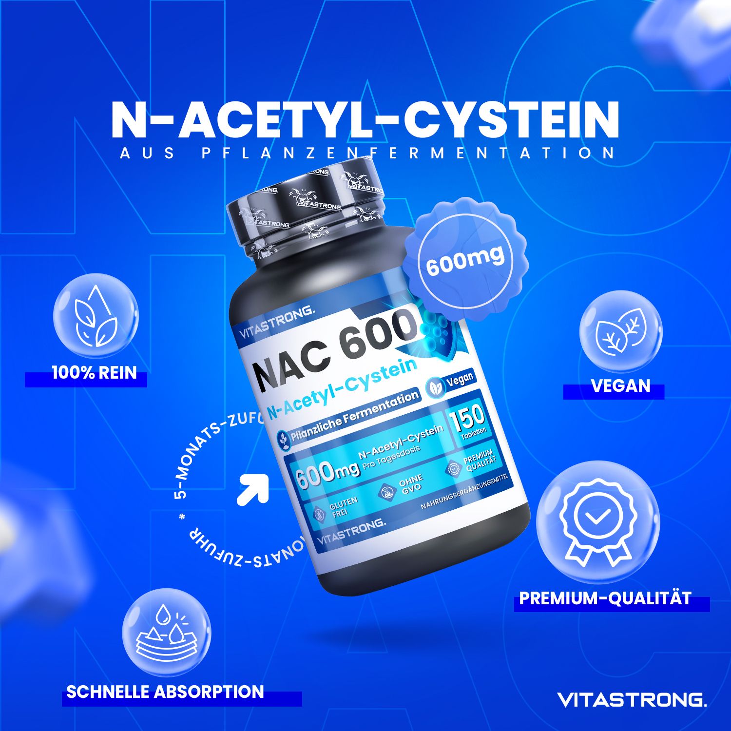 Braune Flasche mit schwarzen Deckel. Aufschrift: NAC 600, N-Acetyl-Cystein, 150 Tabletten. Vegan. Glutenfrei. Nicht-GVO. Vitastrong.