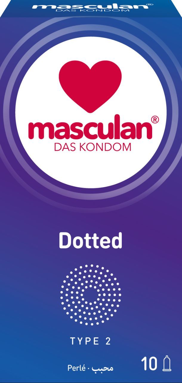 Verpackung von Masculan Dotted Kondomen. Oben Logo mit Herz. Schriftzug "Dotted" und gepunktetes Muster. 10 Kondome.