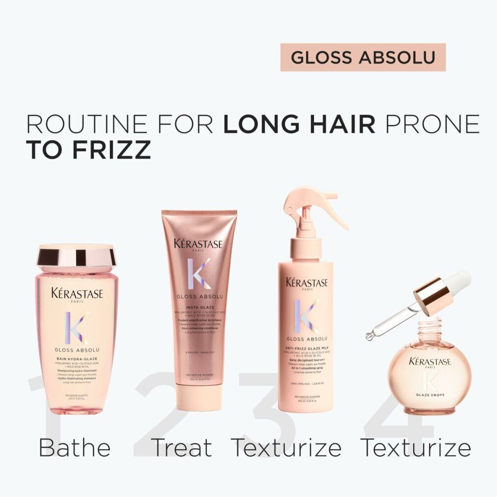 Vier Produkte: Shampoo, Spülung, Spray und Öl. Rosa Verpackung. Kérastase-Logo. Gloss Absolu-Produktlinie. Text: Routine für langes Haar.