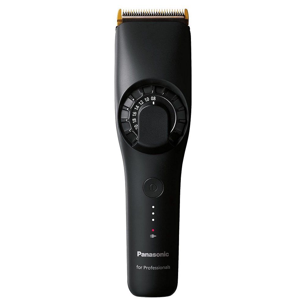 Schwarzer Panasonic Haarschneider mit Einstellrad und Ladeanzeige.