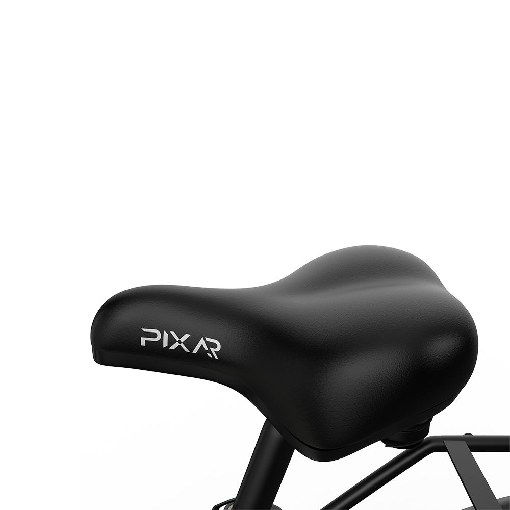 Schwarzer Fahrradsattel mit PIXAR-Logo. Der Sattel ist auf einem Gepäckträger montiert.