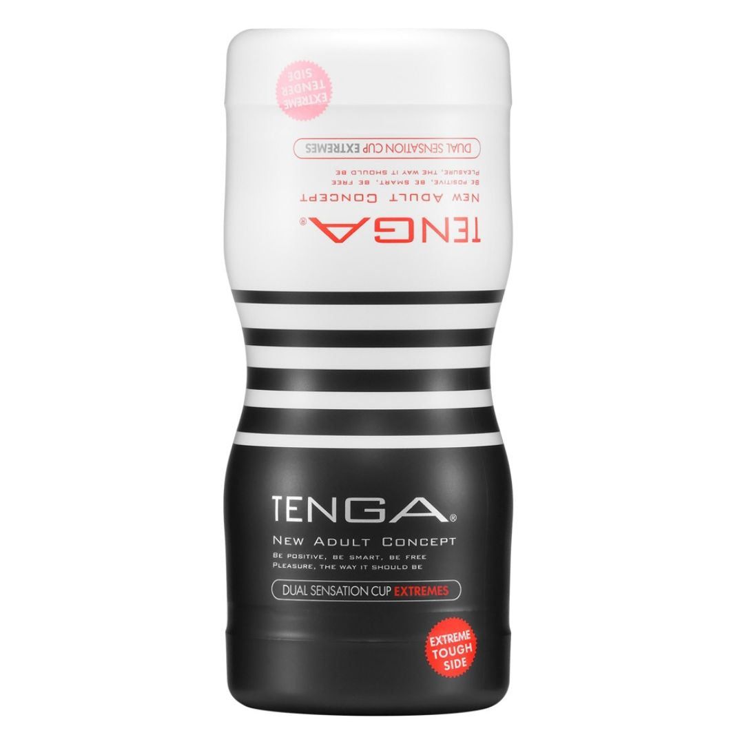 Weiß-schwarzes Wellness-Produkt. Text: TENGA. NEW ADULT CONCEPT. DUAL SENSATION CUP EXTREMES. Tough Side.