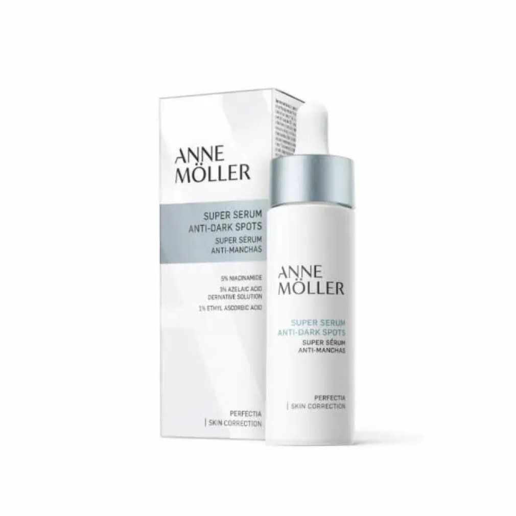Produktflasche und Verpackung. Flasche mit Pipette, Verpackung mit Aufschrift: Anne Möller, Super Serum Anti-Dark Spots.