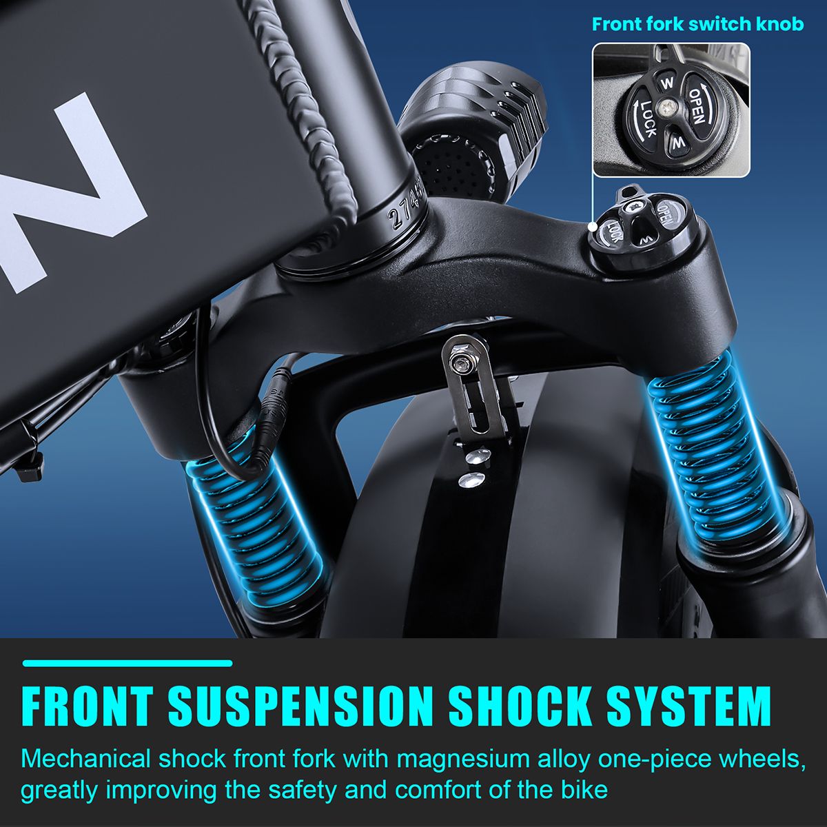 Vorderradaufhängung. Mechanische Stoßdämpfer-Vorderradgabel mit Magnesiumlegierung. Verbessert Sicherheit und Komfort.