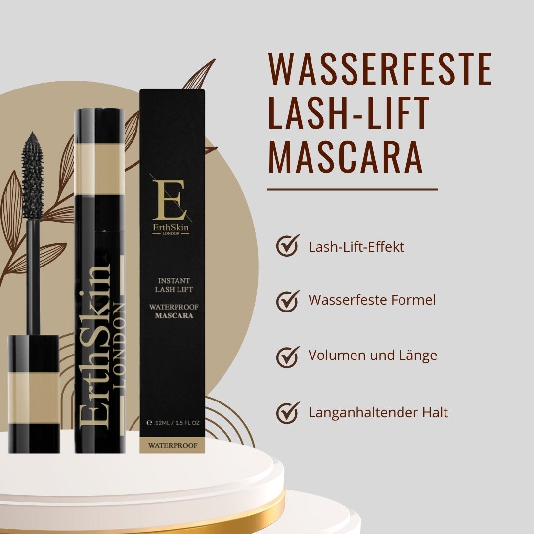Mascara-Tube und Verpackung mit Text: "Wasserfeste Lash-Lift Mascara". Checklisten mit Vorteilen.