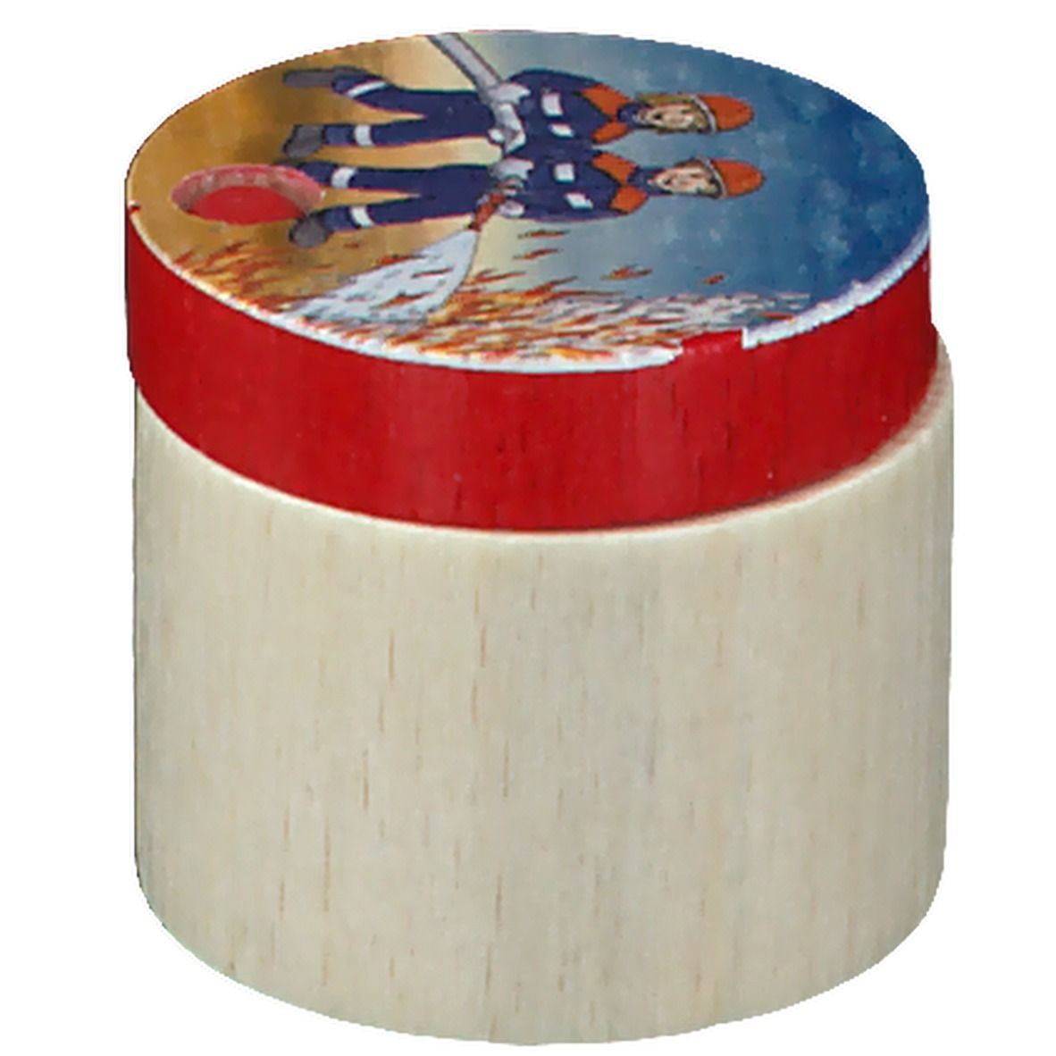 Zahnbox mit Feuerwehr-Motiv. Zylindrische Form, Holz. Roter Deckel mit Feuerwehrleuten und Flammen. Loch im Deckel.