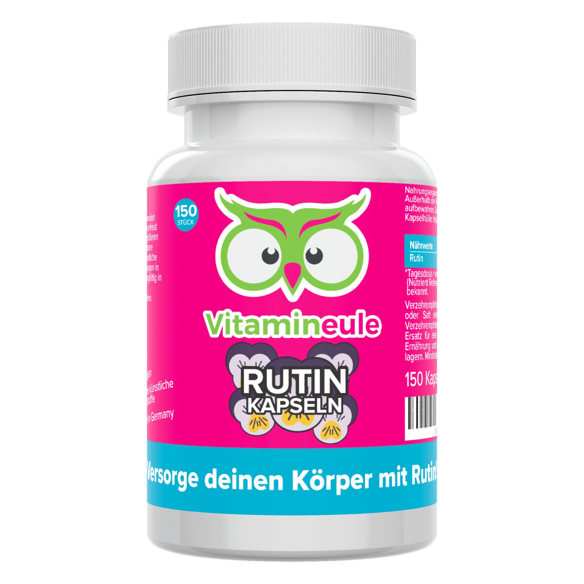 Weißes Pillenbehälter mit grünem Deckel. Etikett mit "Vitamineule" und "Rutin Kapseln". 150 Stück.