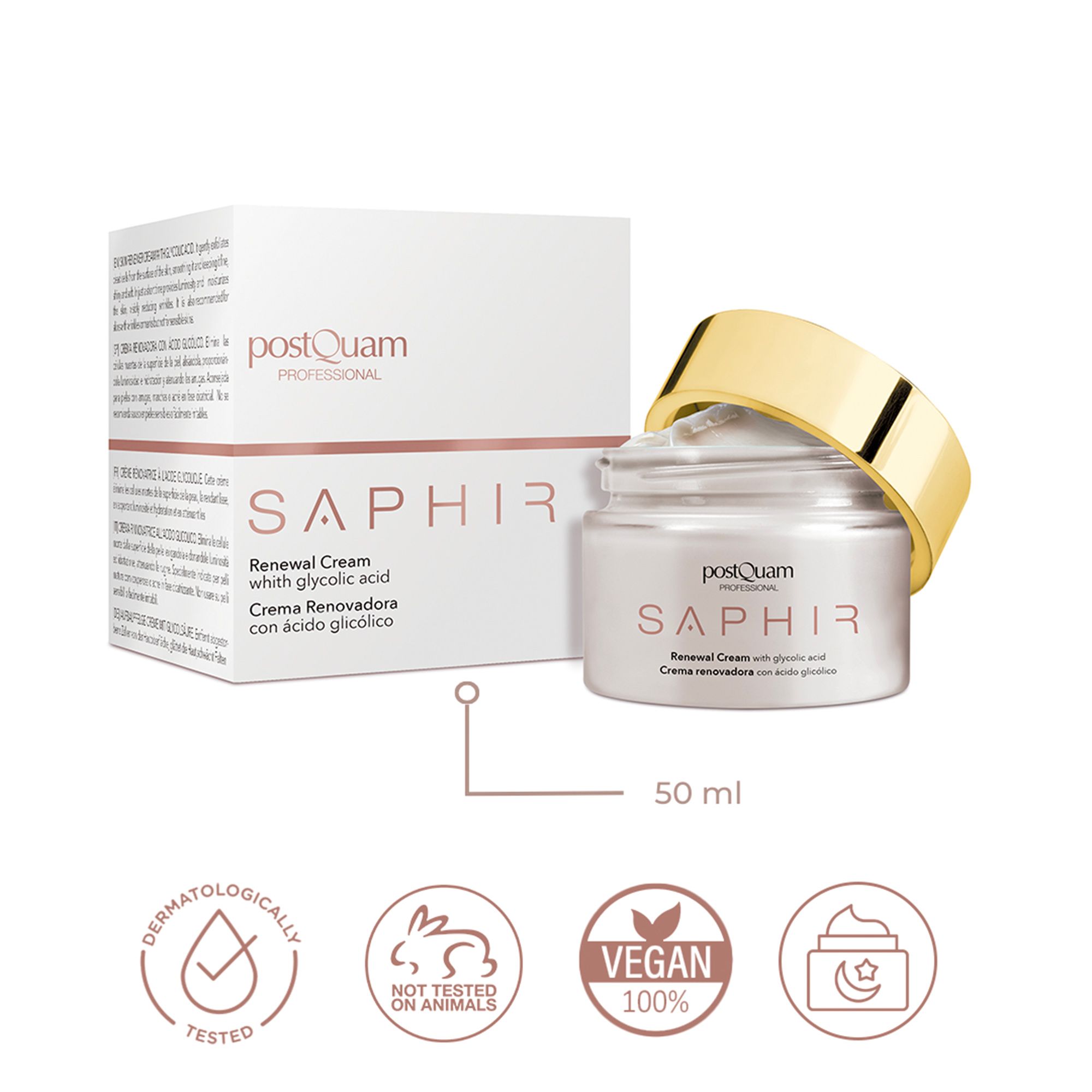 Creme-Tiegel mit goldfarbenem Deckel und Karton. Aufschrift: Postquam Saphir Renewal Cream. Vegan- und dermatologisch getestet.