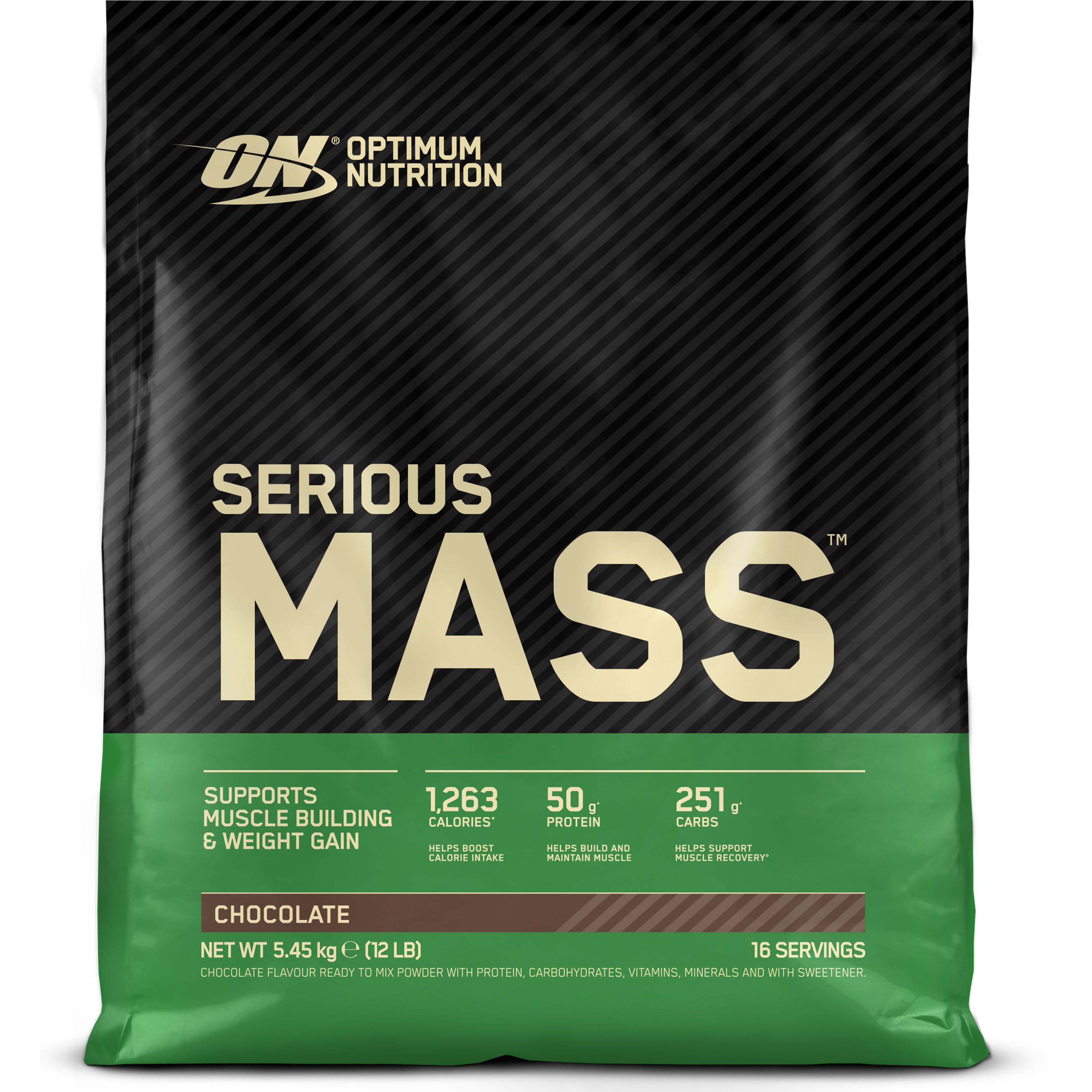 Schwarzer Beutel mit Produktnamen und Nährwertangaben. Marke: Optimum Nutrition. Geschmack: Schokolade.