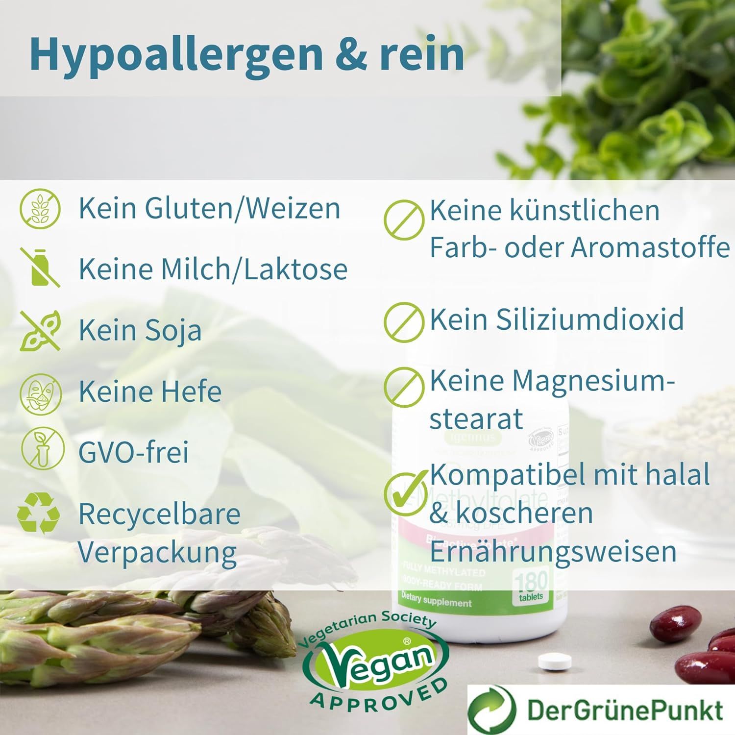 Un flacone bianco di "Pure L-Methylfolate" di Igennus, con l'etichetta "Vegan Approved". Il testo indica che il prodotto è senza glutine, senza lattosio, senza soia, senza lievito, senza OGM e non contiene coloranti o aromi artificiali.