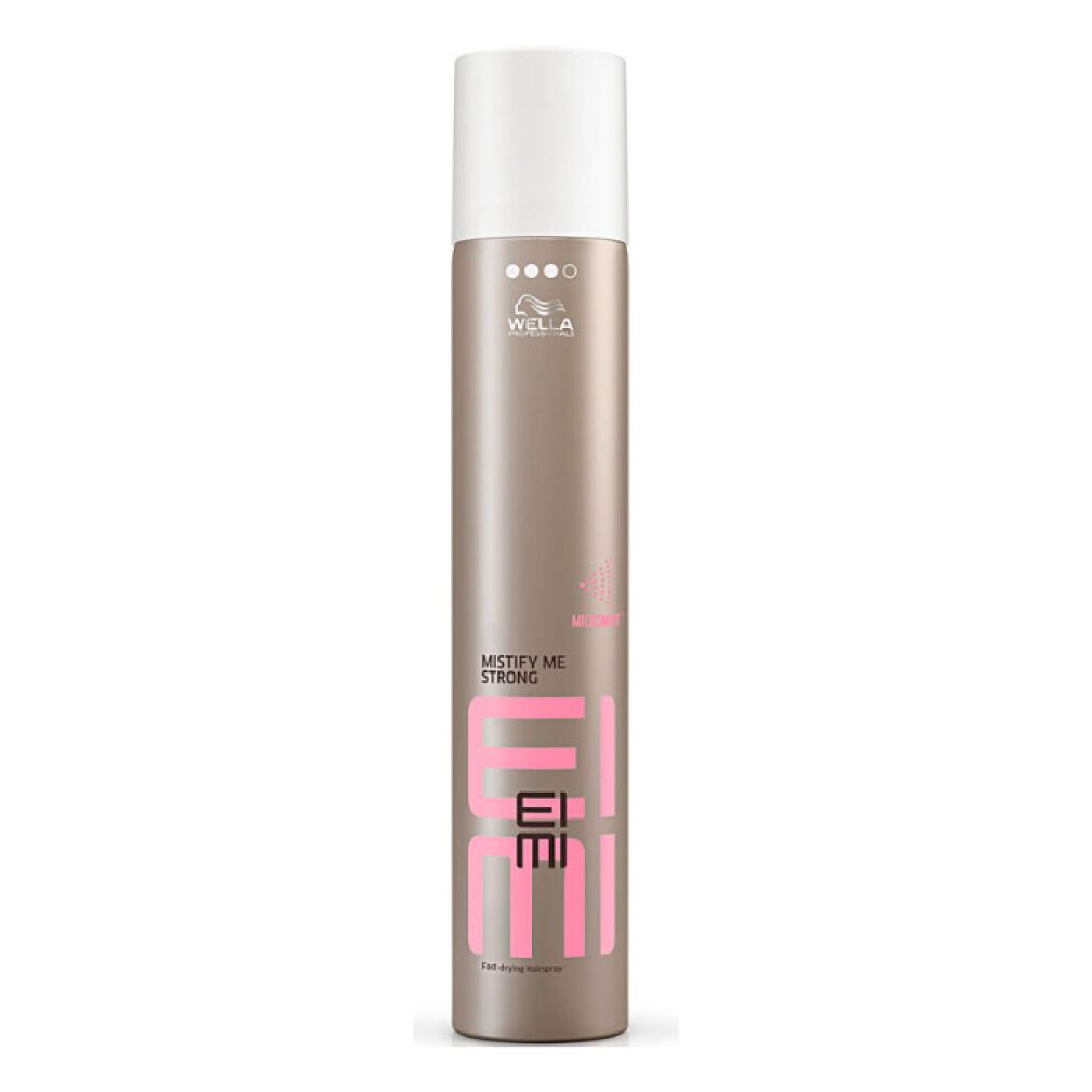 Wella EIMI Mistify Me Strong Haarspray in goldener Dose mit weißem Deckel.