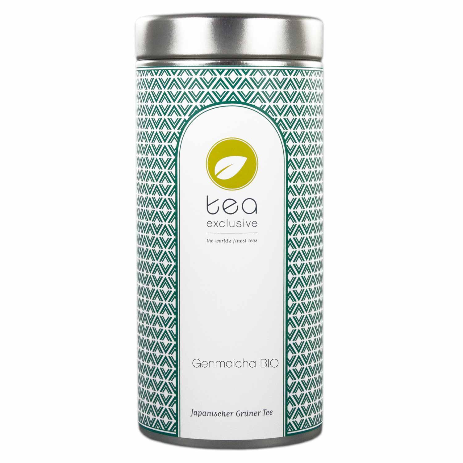 Zylindrische Teedose mit Deckel. Aufschrift: tea exclusive, Genmaicha BIO, Japanischer Grüner Tee.