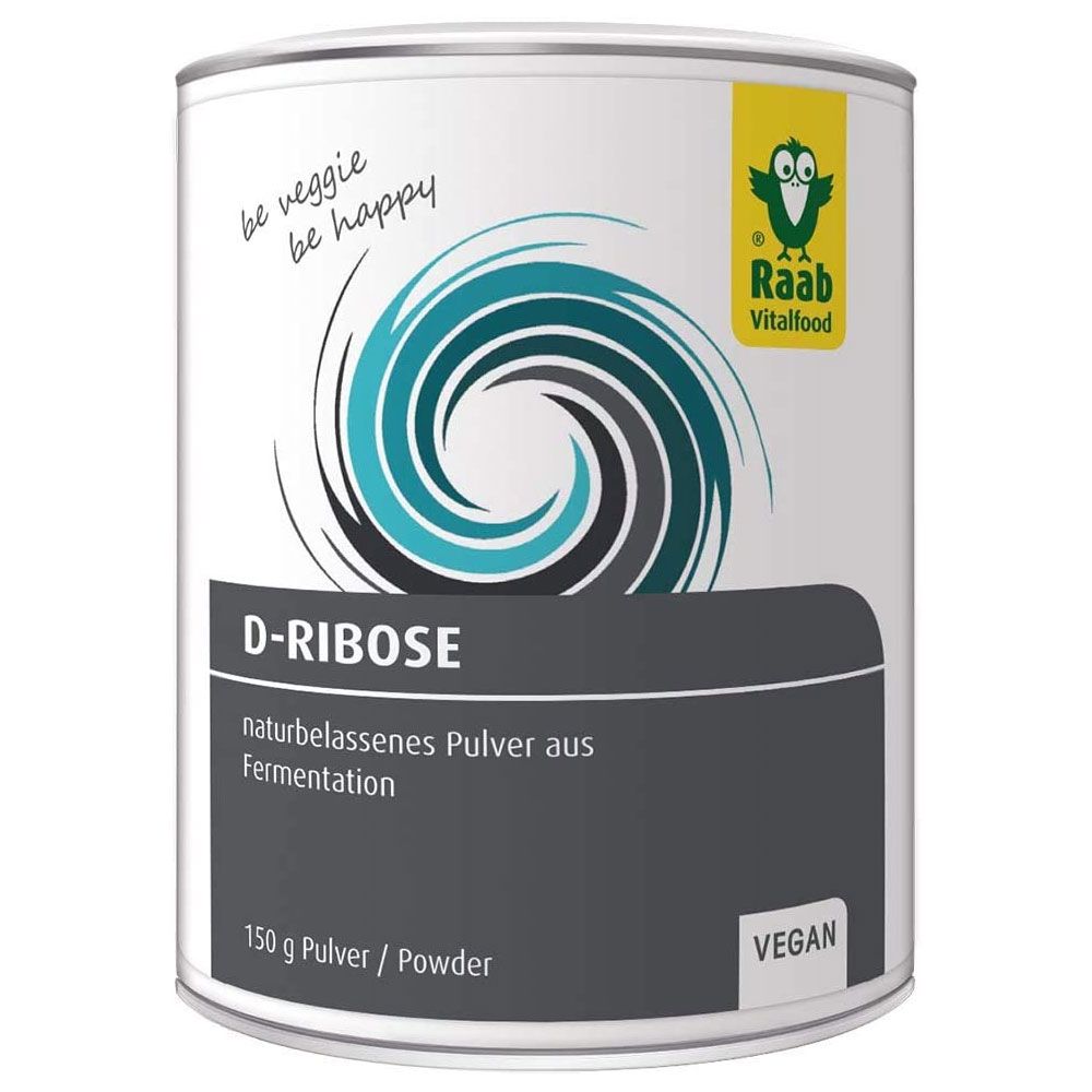 Dose mit D-Ribose Pulver. Aufschrift: Raab Vitalfood, vegan. Enthält 150g Pulver. Mit blau-grauem Wirbelmuster.