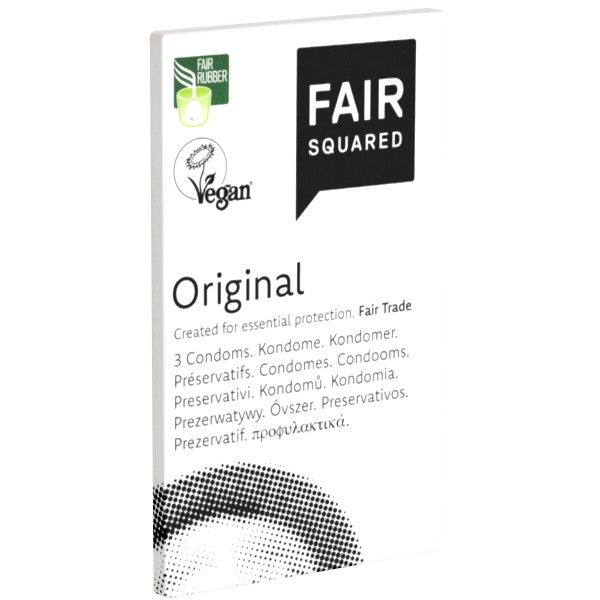 Weiße Verpackung mit FAIR SQUARED Logo und "Original" Schriftzug. Vegan-Siegel und Fair Rubber-Zertifizierung.
