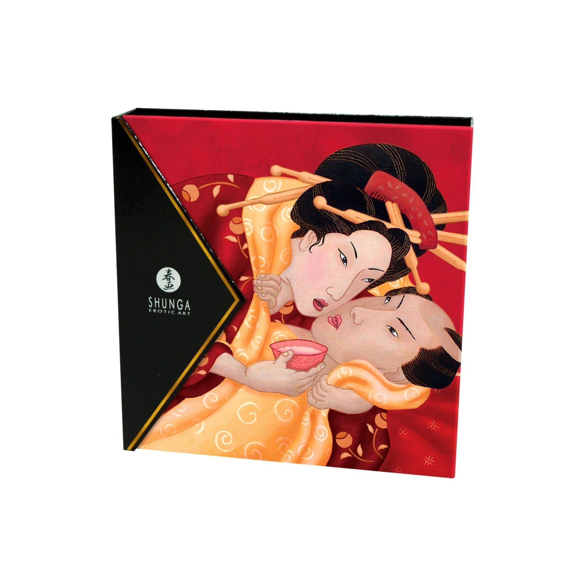 Schwarze und rote Schachtel mit Geisha-Illustration. Logo und Schriftzug "Shunga".